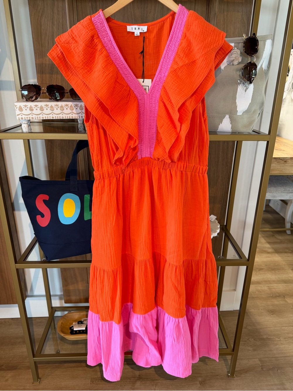 THML Orange Dress with Pink Trim and Ruffle Accents
